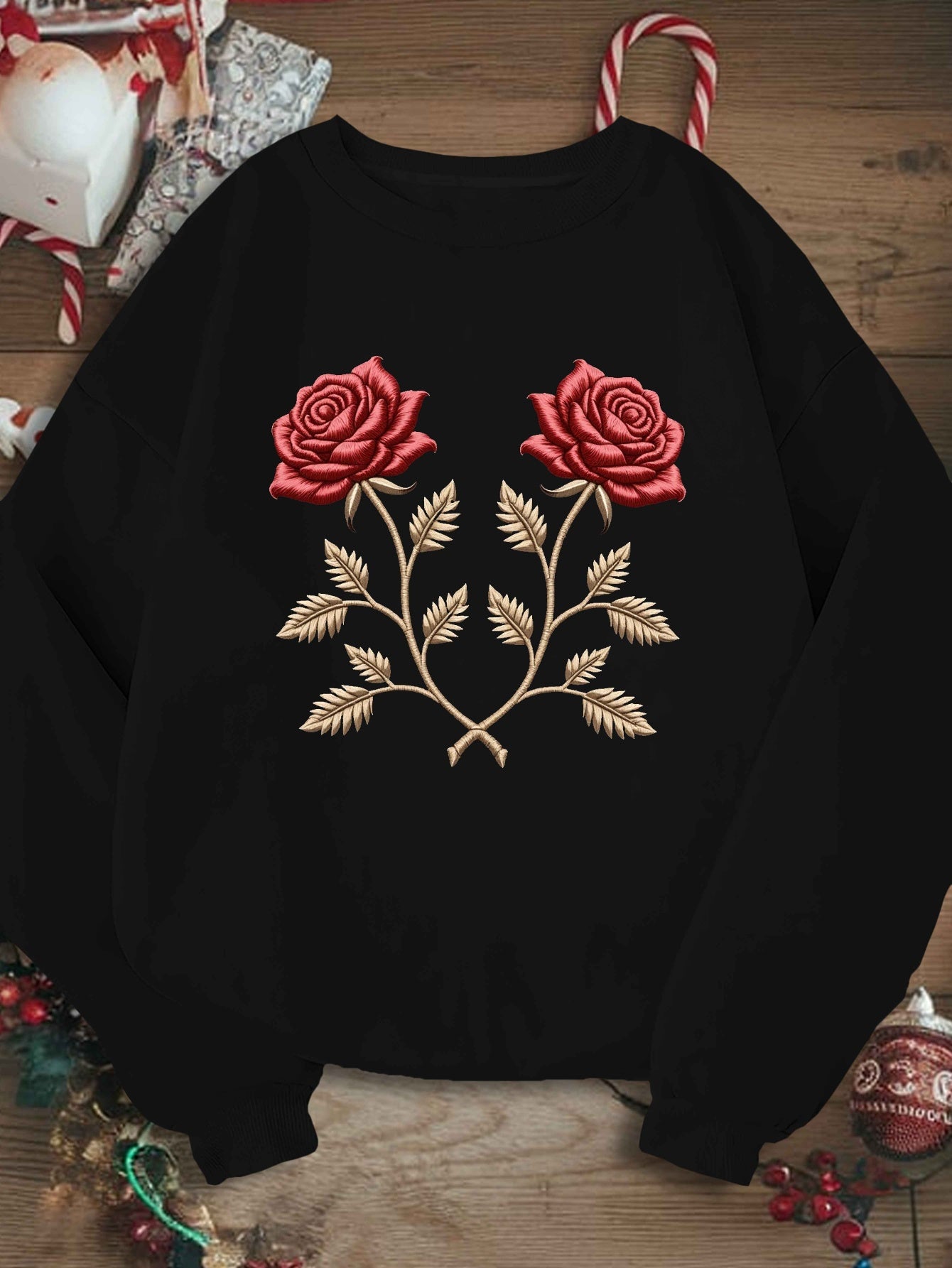 Embroidery Embroidered Pattern with Roses Women'S Plus Size Sweatshirt Embroidery Embroidered Pattern with Roses Women'S Plus Size Sweatshirt